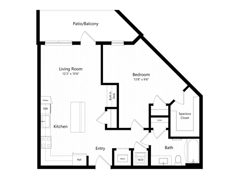 Floor plan for 1 bed, 1 bath, 799 sqft